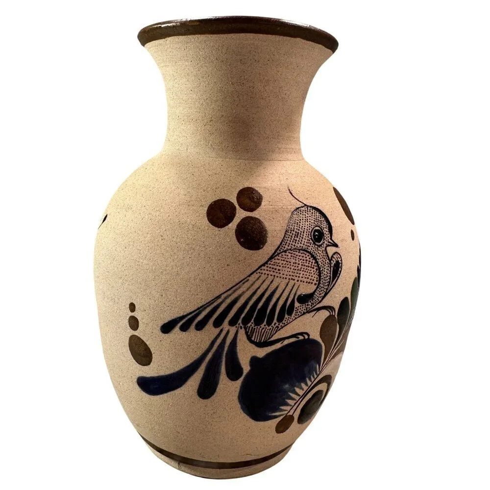 Mexican Folk Art Floral Vase Bird Sandstone Vintage Pottery Handcrafted Painted